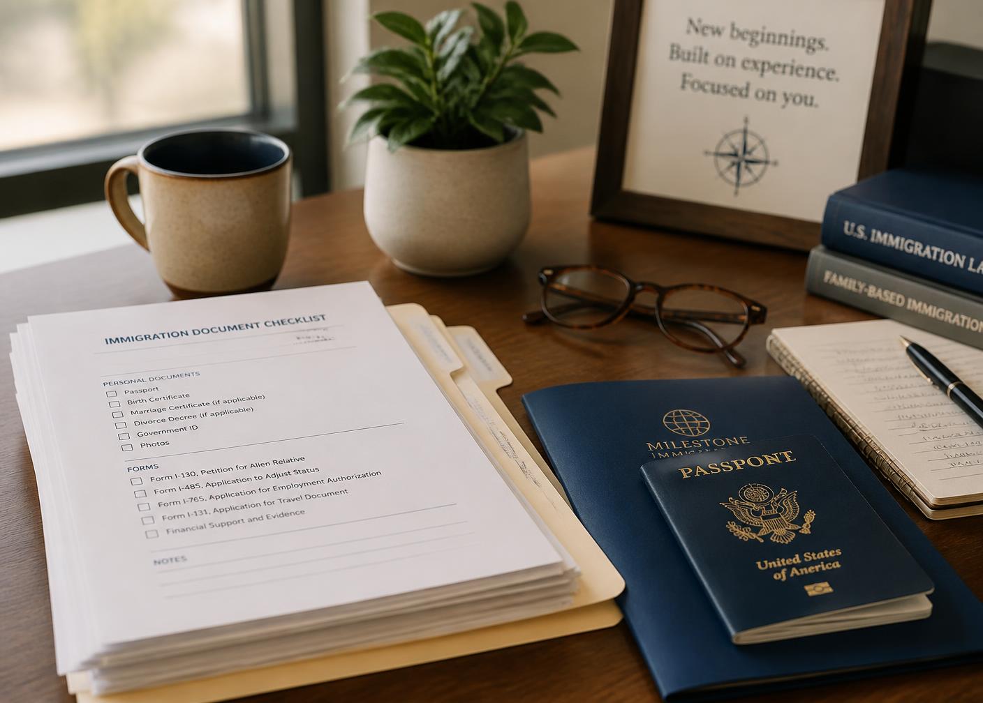 Immigration document checklist, passports and forms organized on a desk
